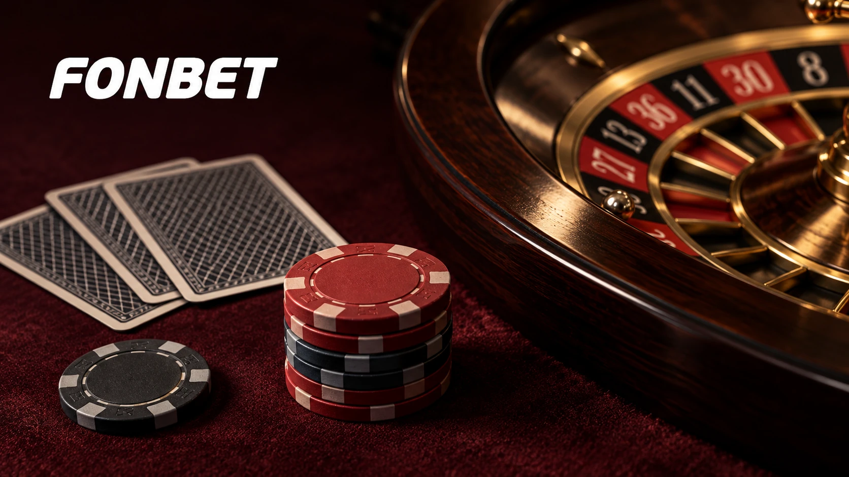 Logo Fonbet con ruota della roulette, carte e fiches